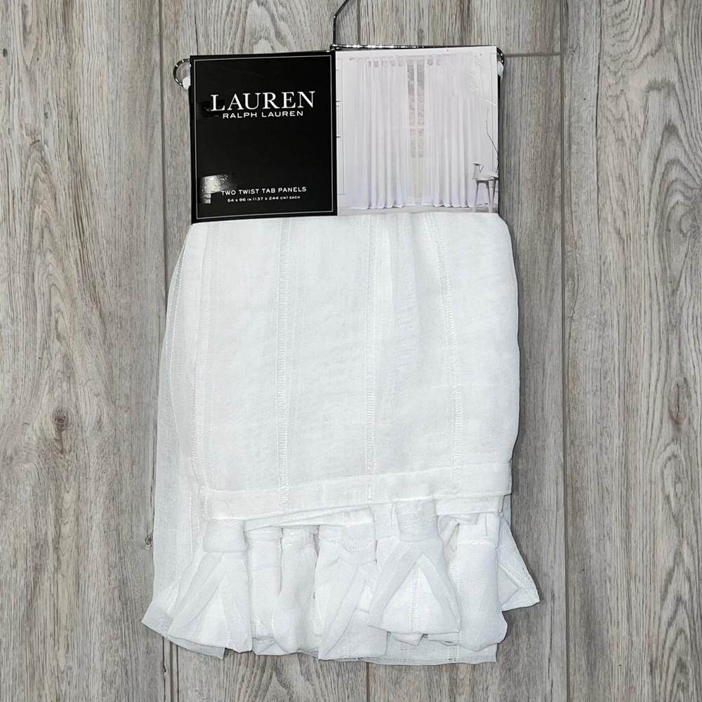2 Ralph Lauren 54 x 96 Hamilton White Sheer Curtains Twist Tab Striped Woven